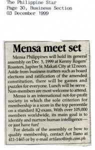 19991203 Philippine Star - Mensa meet